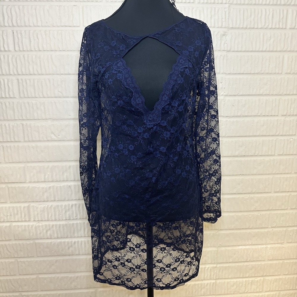 Victoria's Secret Sheer Slip Dress Navy Blue Sz L Lace Sexy Night‎ Out Lingerie